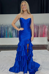 strapless royal blue tiered formal dress